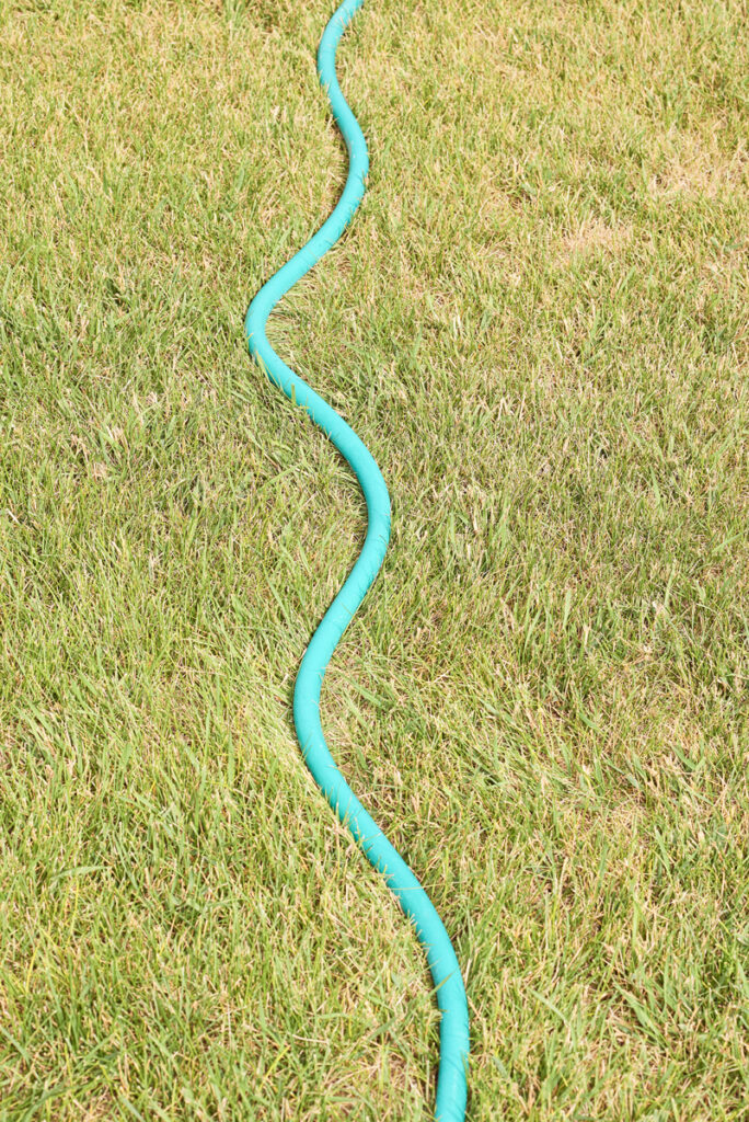 bright green water hose creating a squiggly line on pale green grass, titled "Utah Hose" by Elliot Petenbrink