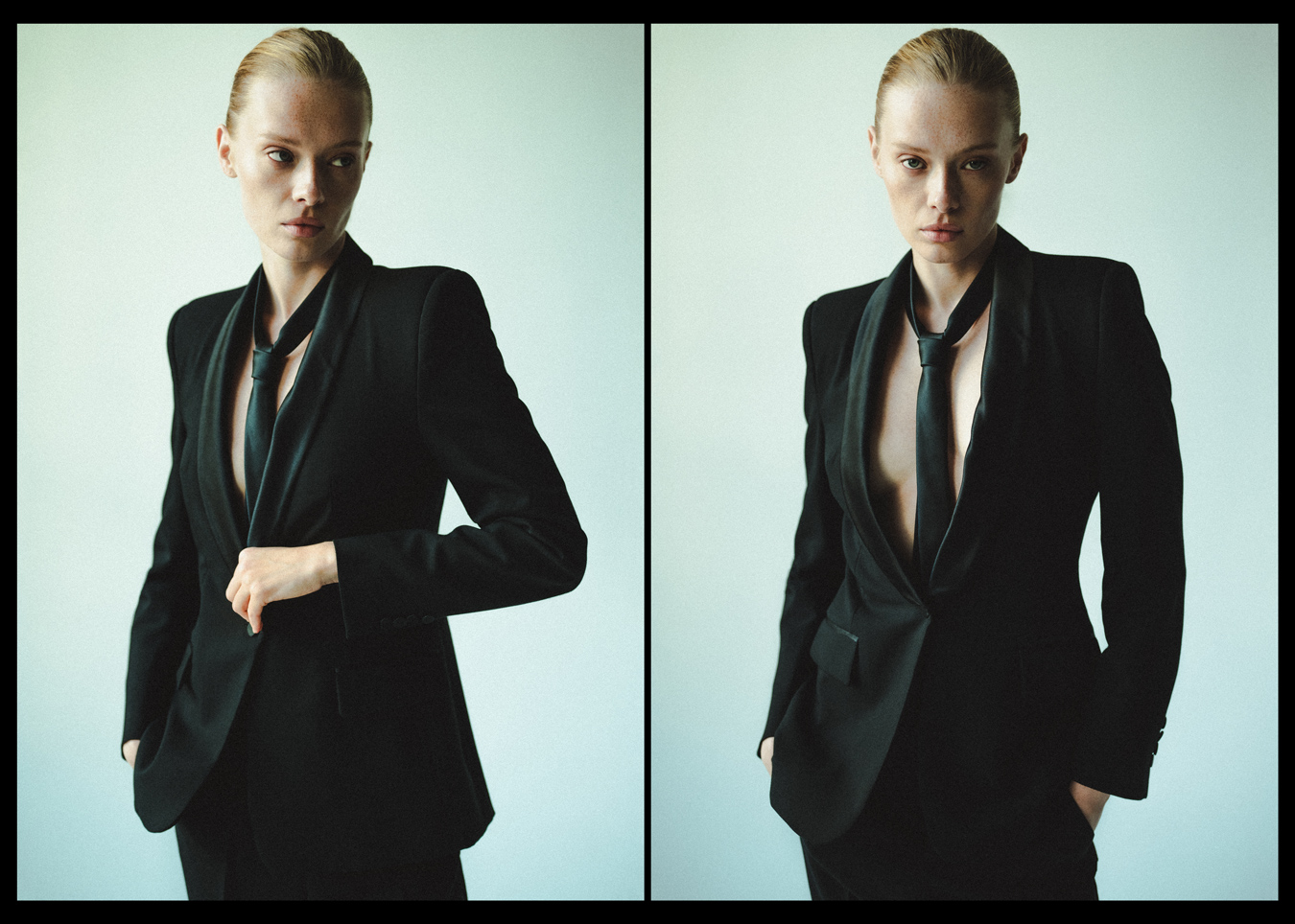 Two-panel portrait of Veronika Novikova wearing a black suit and tie