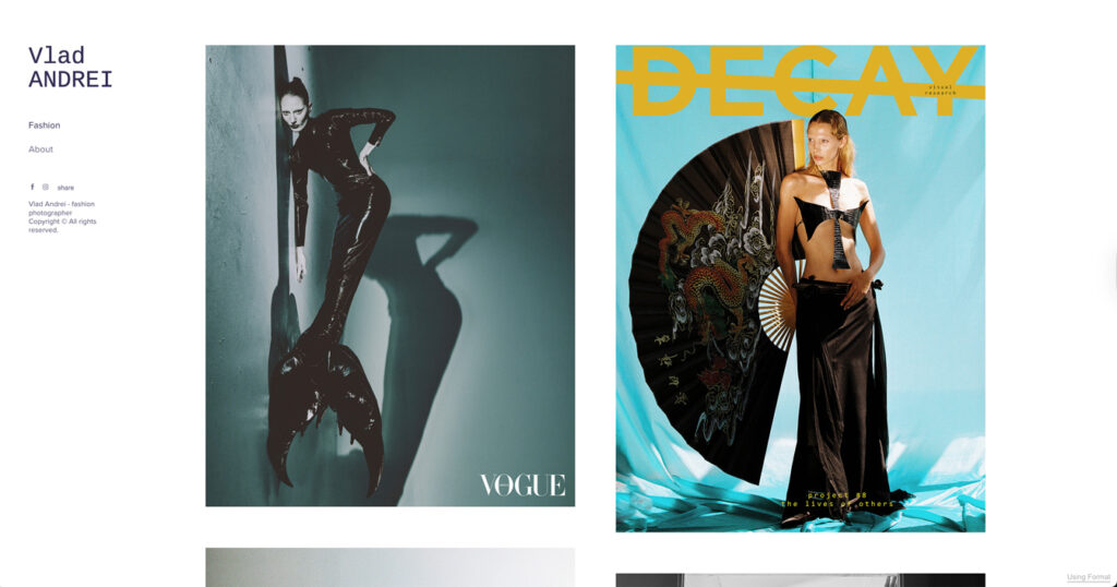 Vlad Andrei's portfolio in a grid layout, showcasing a model in a dark, latex bodysuit against a teal wall and a magazine cover for DECAY.