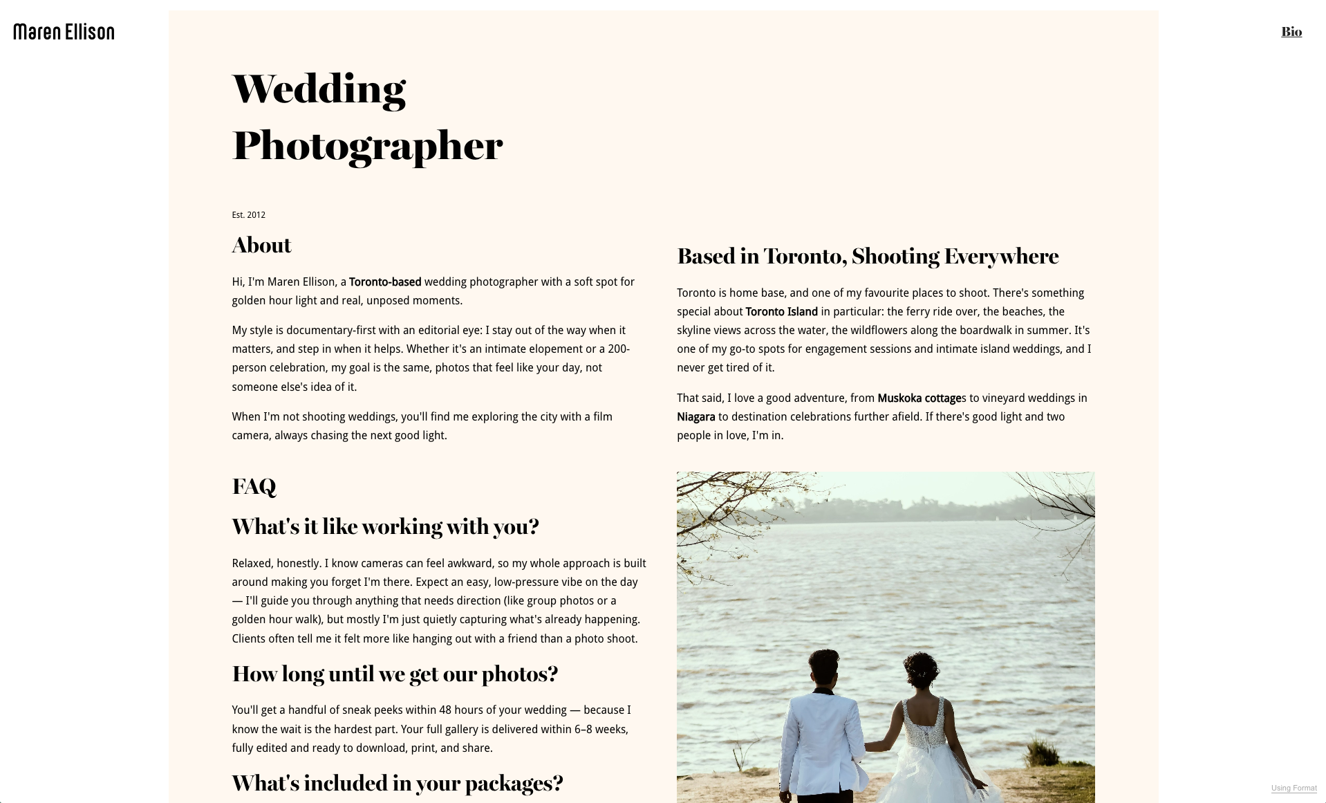 Wedding photographer about and FAQ page with Toronto-based service details
