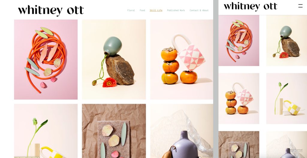 Whitney Ott still life photography portfolio shown on desktop and mobile