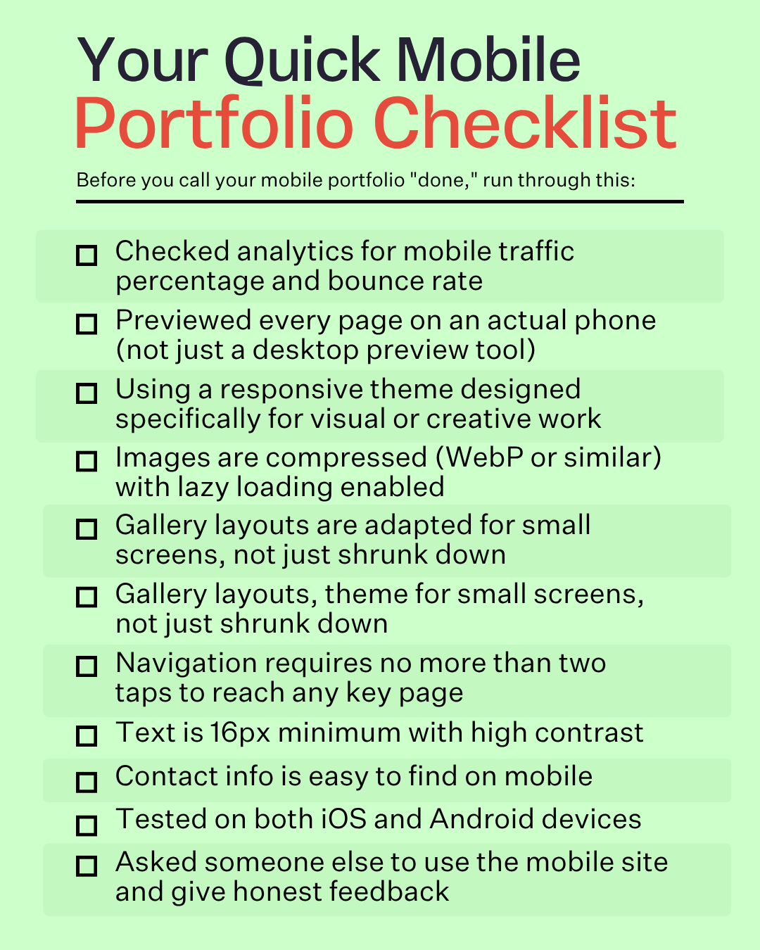 Checklist for optimizing a mobile portfolio for responsive design and usability