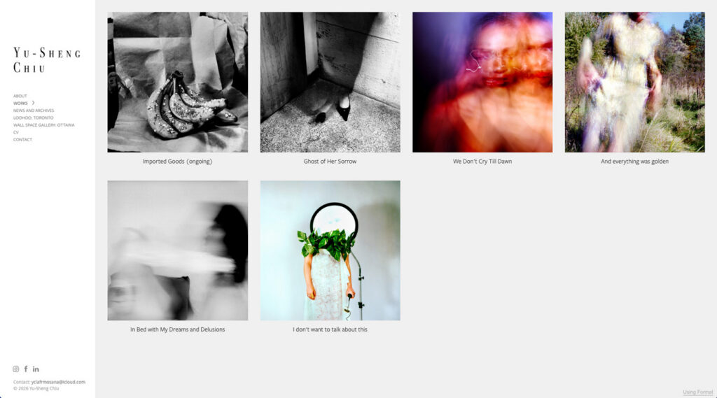 Une page web présentant six œuvres photographiques de Yu-Sheng Chiu. Parmi les titres figurent : « Imported Goods » (en cours), « Ghost of Her Sorrow », « We Don't Cry Till Dawn », « And everything was golden », « In Bed with My Dreams and Delusions » et « I don't want to talk about this ».