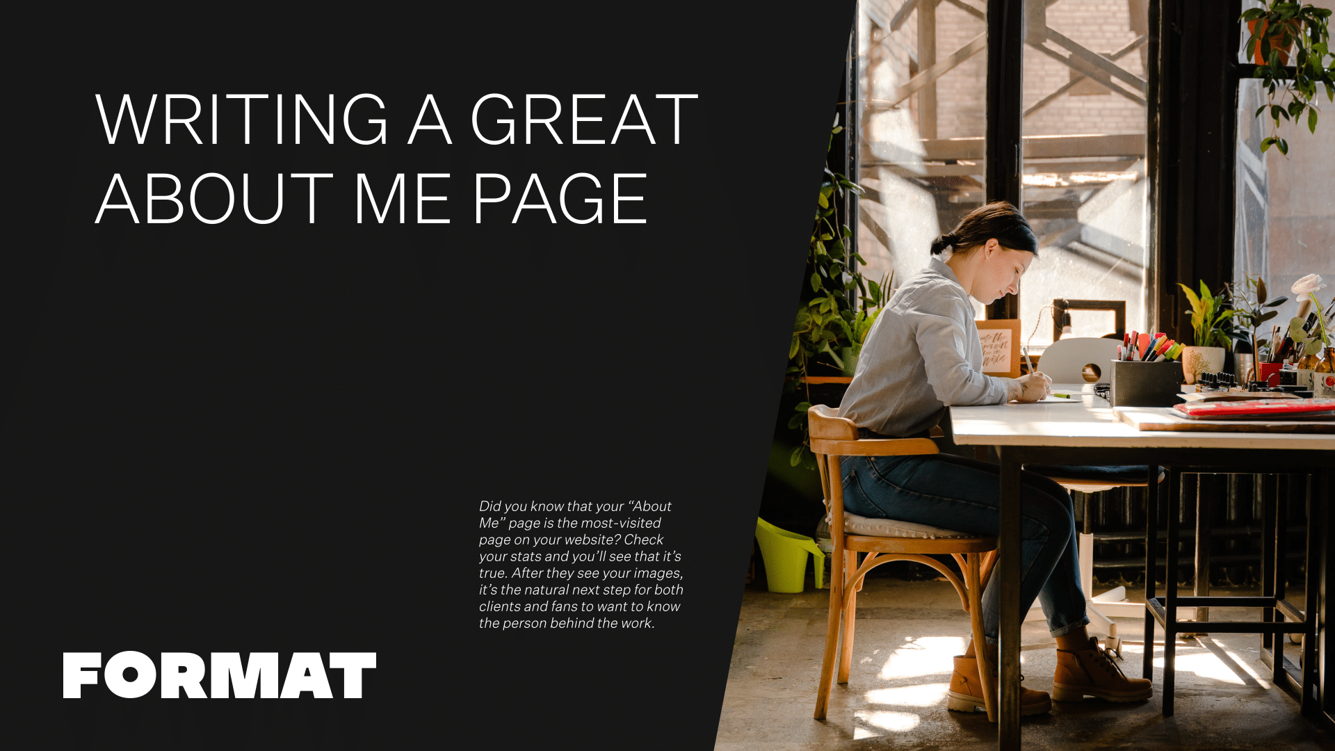 Le texte de l'image se lit comme suit : "Writing a Great About Me Page" et comprend une image d'une jeune fille assise à un bureau en train d'écrire.