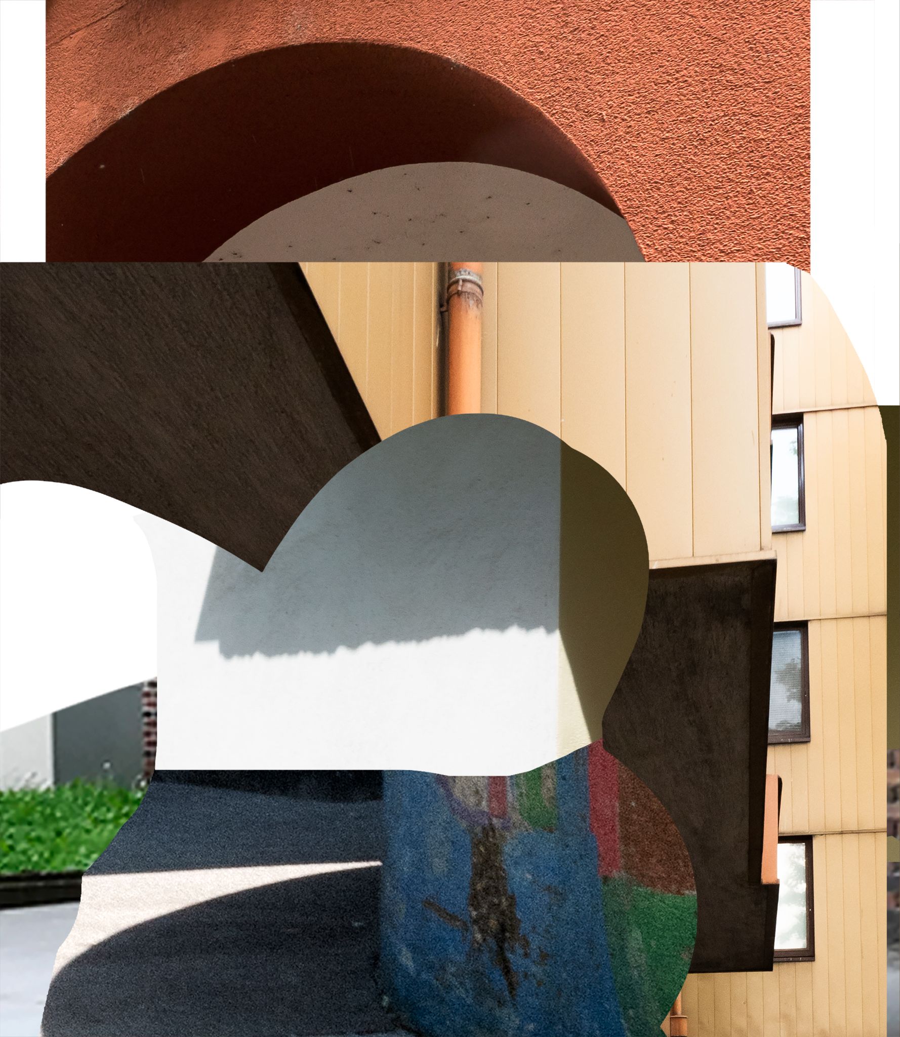 Architectural collage featuring a dark curved awning, beige siding, and rows of windows