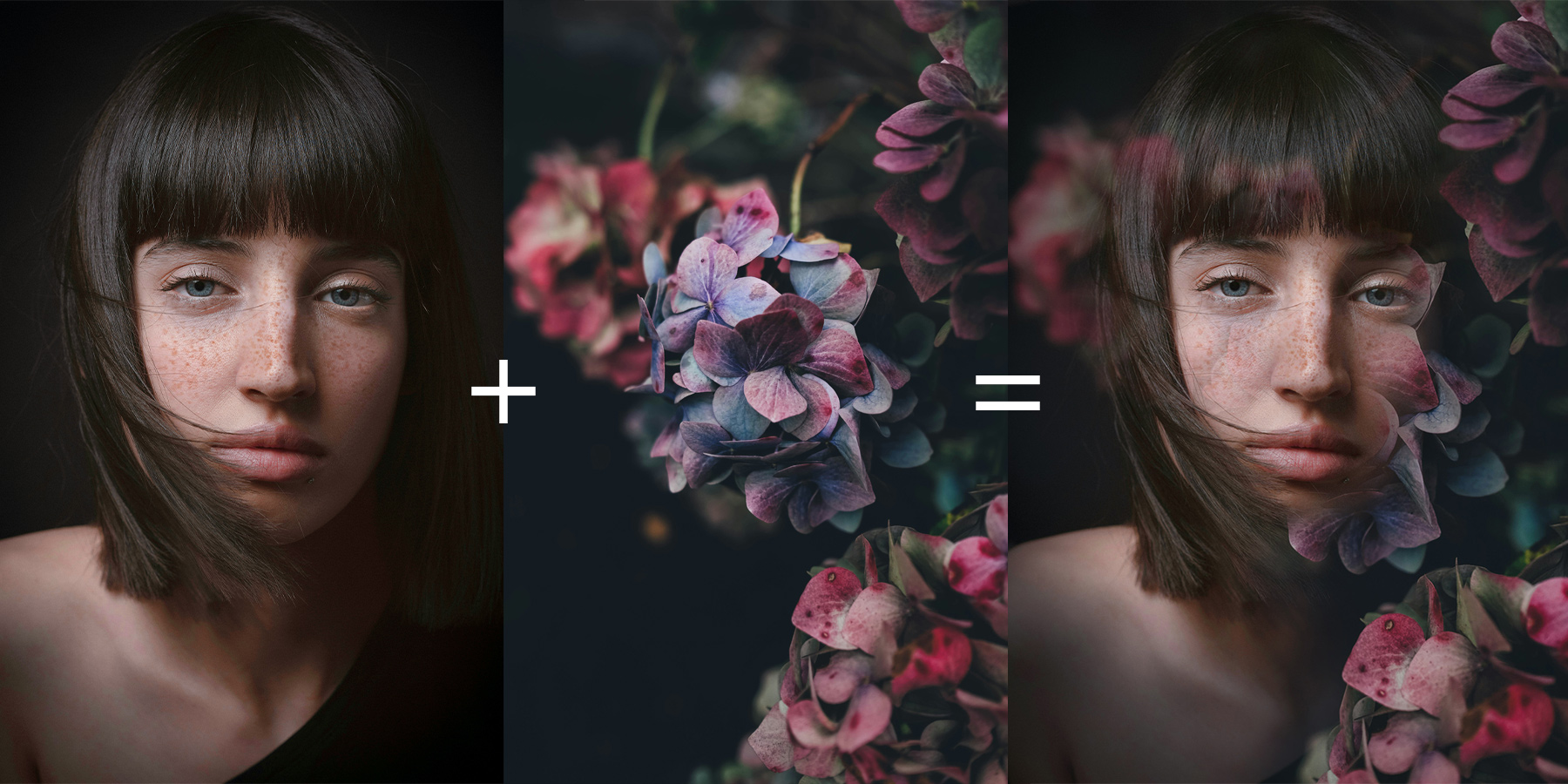 Portrait with floral double exposure post-processing effect