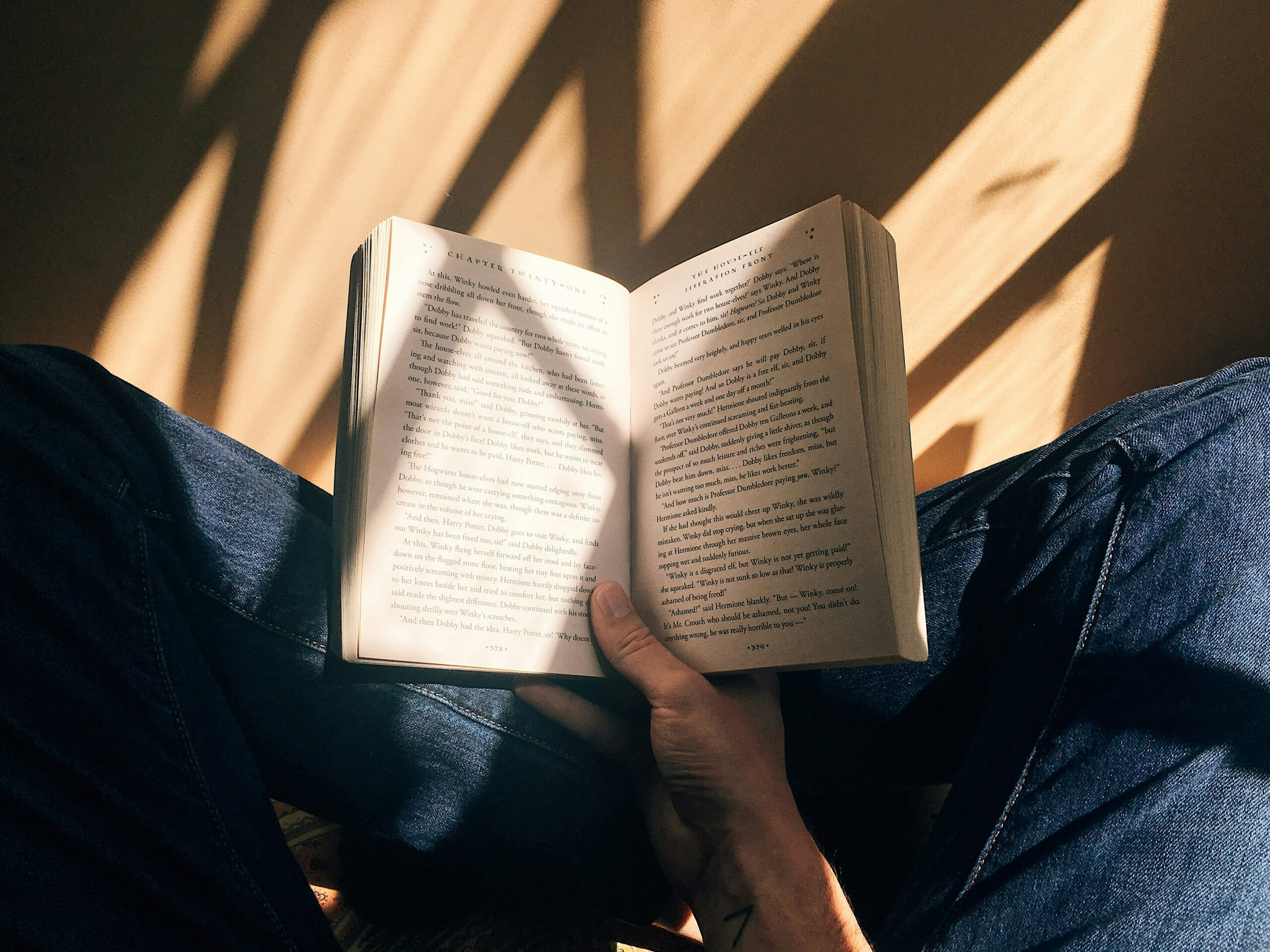 reading for pleasure person holding an open novel on their lap lit by natural light