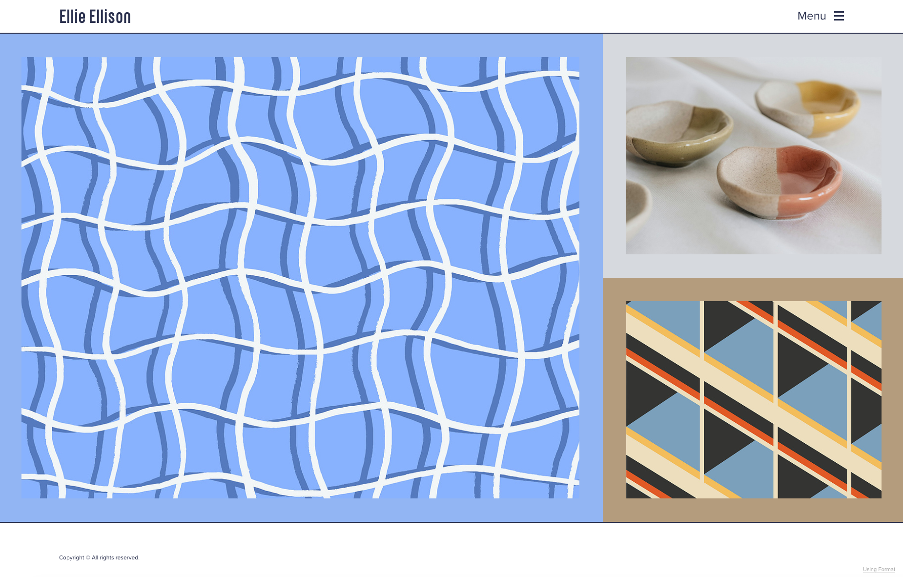 Minimalist artist portfolio homepage with abstract patterns and ceramic designs