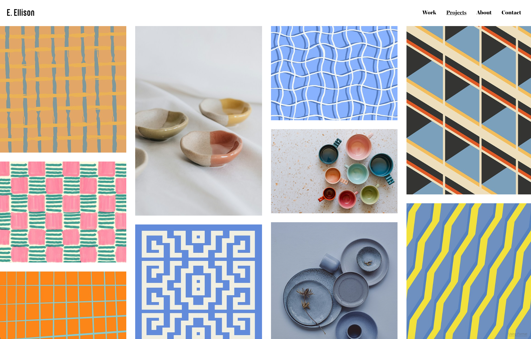 Colorful artist portfolio website featuring patterned artwork and ceramics
