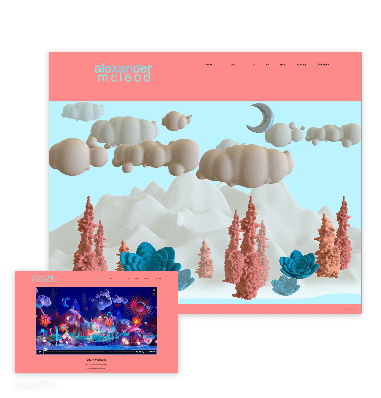 Website mockup: Alexander McLeod's portfolio featuring pastel 3D landscape and embedded video