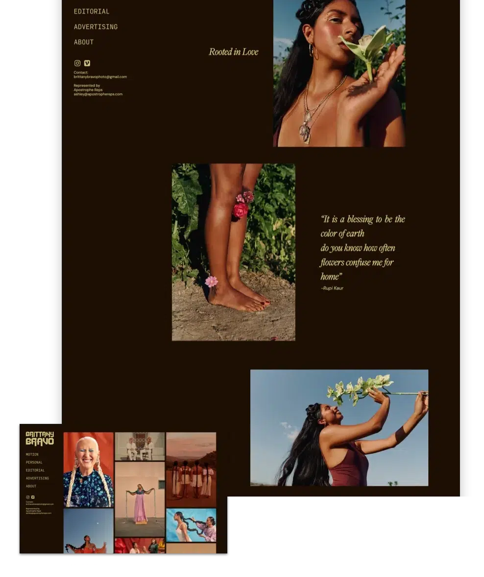 A dark brown webpage layout titled Rooted in Love features photography of a woman with long dark hair holding a flower, bare legs adorned with pink blossoms standing on soil, and a woman holding a leafy branch against a blue sky, alongside a poetic quote by Rupi Kaur and a smaller grid of diverse portraits.