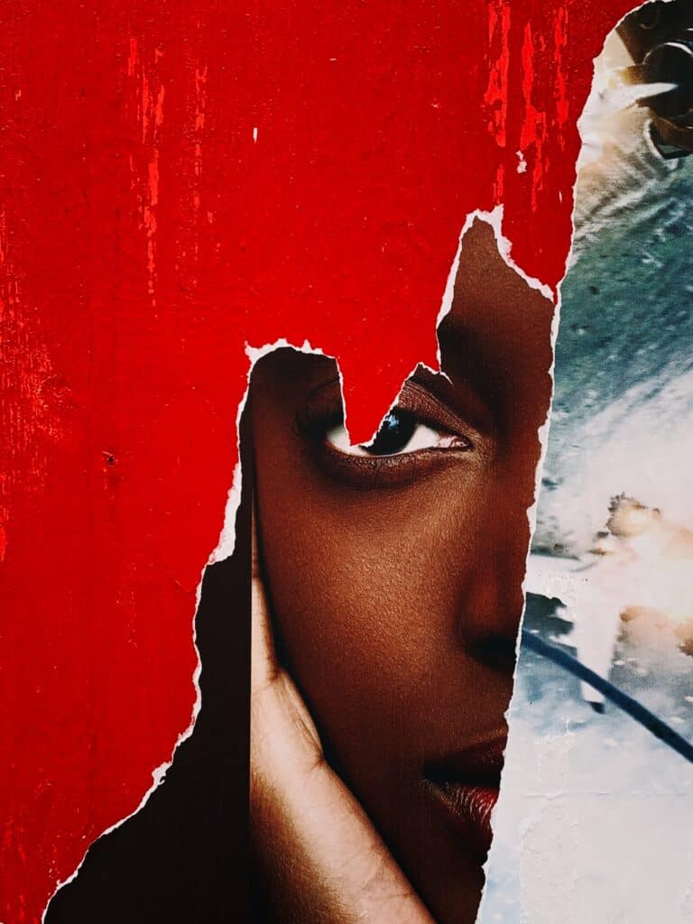 collage image with red surface and black woman looking at camera