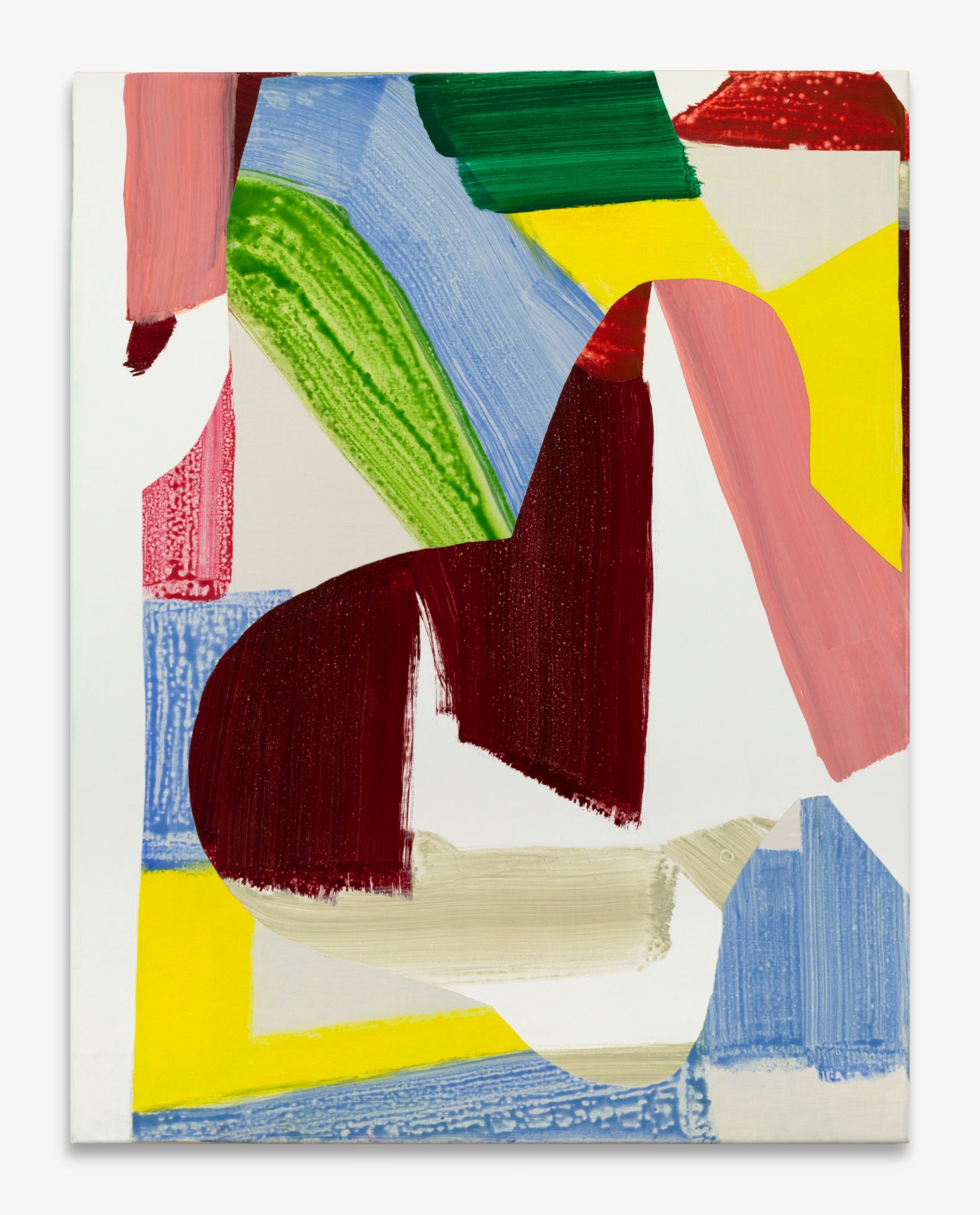 Abstract painting with bold burgundy, pink, blue, green, yellow, and cream brushstrokes