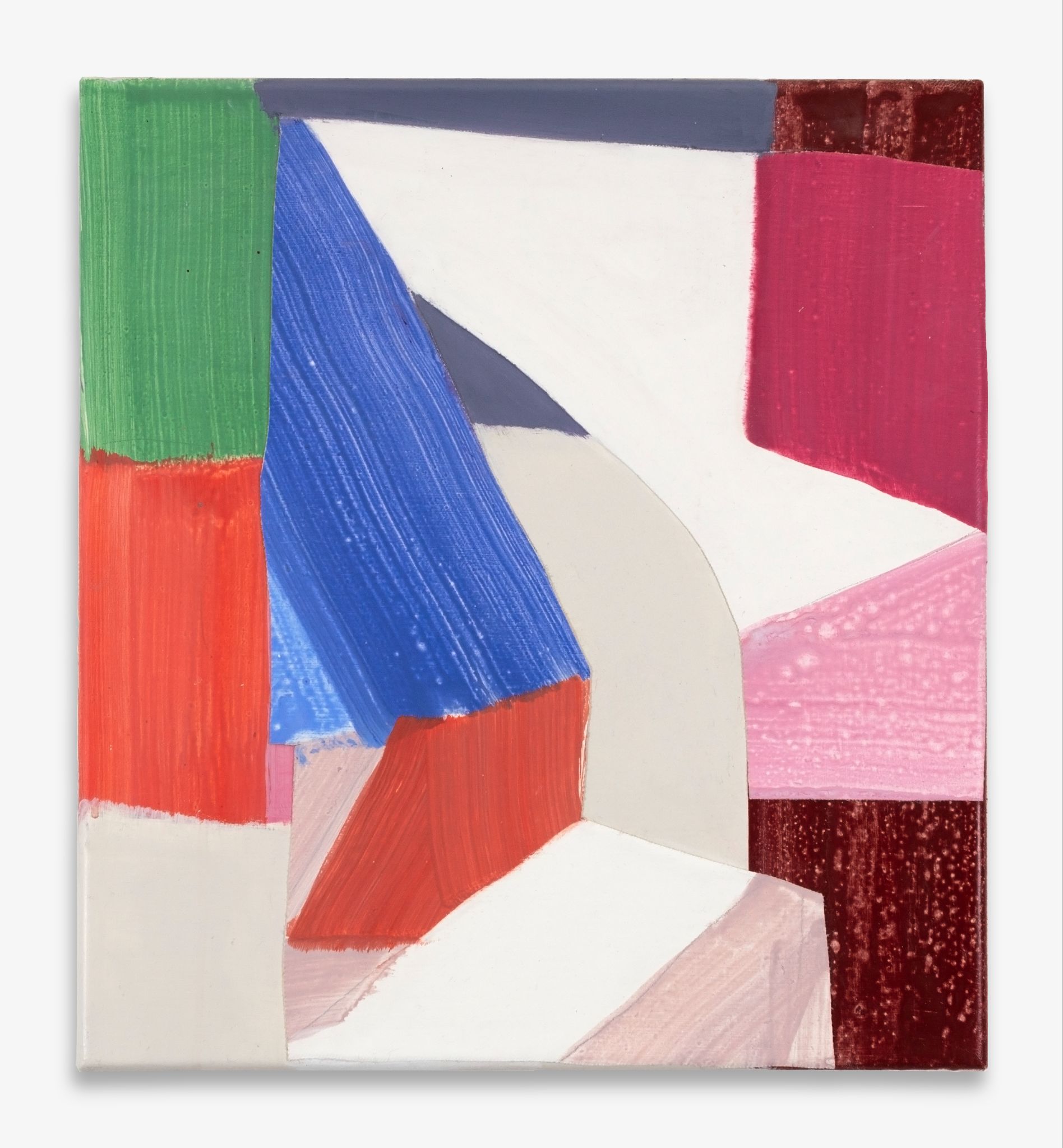 Abstract painting with bold geometric shapes in blue, red, green, pink, and white.