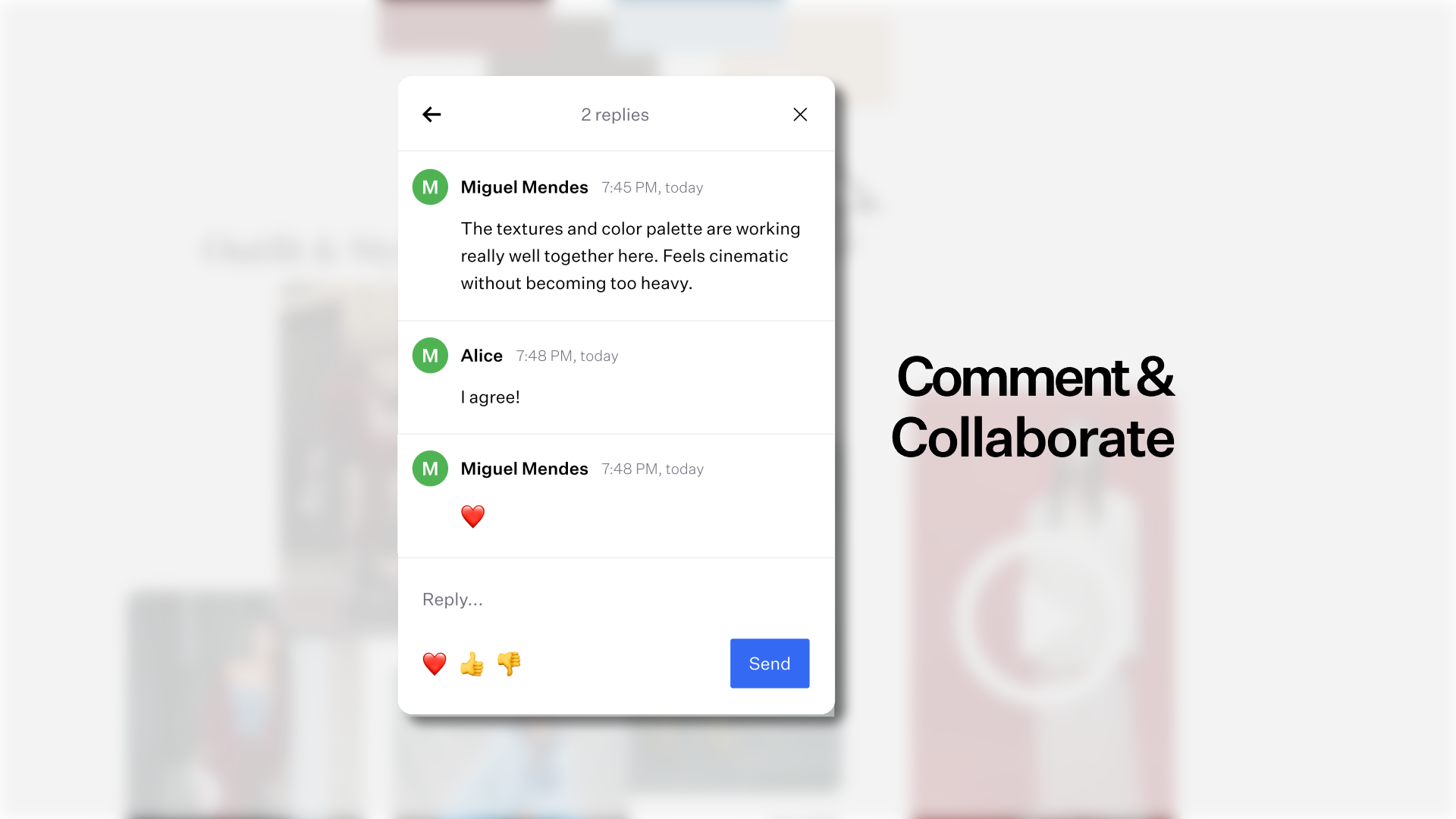 Comment thread showing teammates sharing feedback and reactions on a creative project
