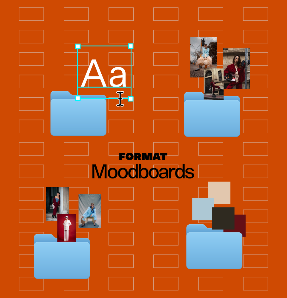 A graphic illustration on an orange background features the text FORMAT Moodboards surrounded by four blue folders, each representing a different design element like typography, fashion photography, and color swatches.
