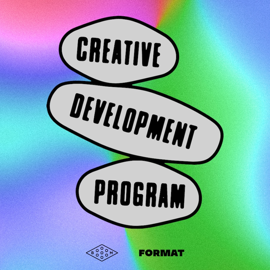 Graphic with the words CREATIVE, DEVELOPMENT, and PROGRAM stacked vertically inside three light gray, rounded organic shapes against a vibrant, grainy gradient background of pink, blue, and green, with the BOOM and FORMAT logos at the bottom.