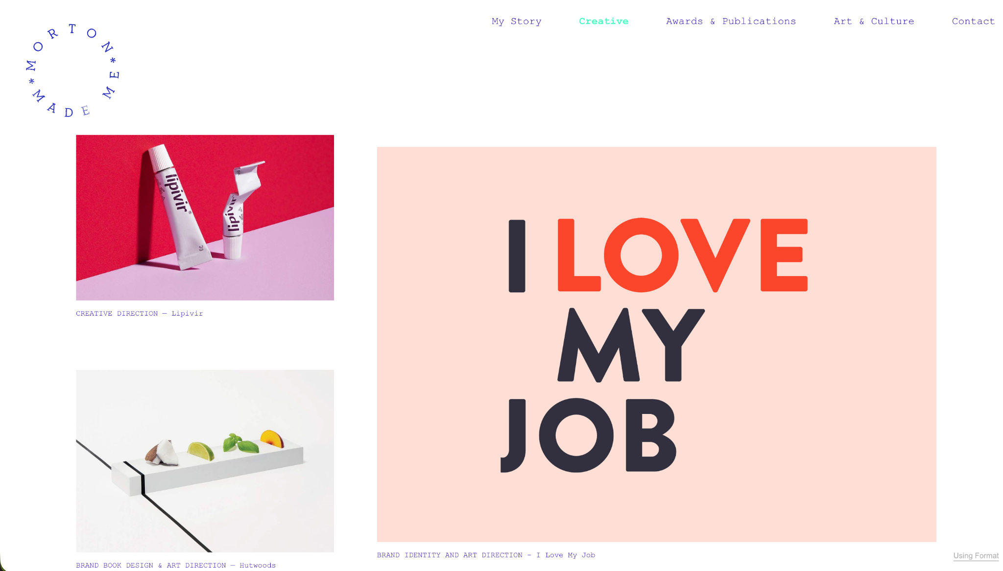 Creative design portfolio showcasing Lipivir packaging, Hutwoods brand design, and I Love My Job identity