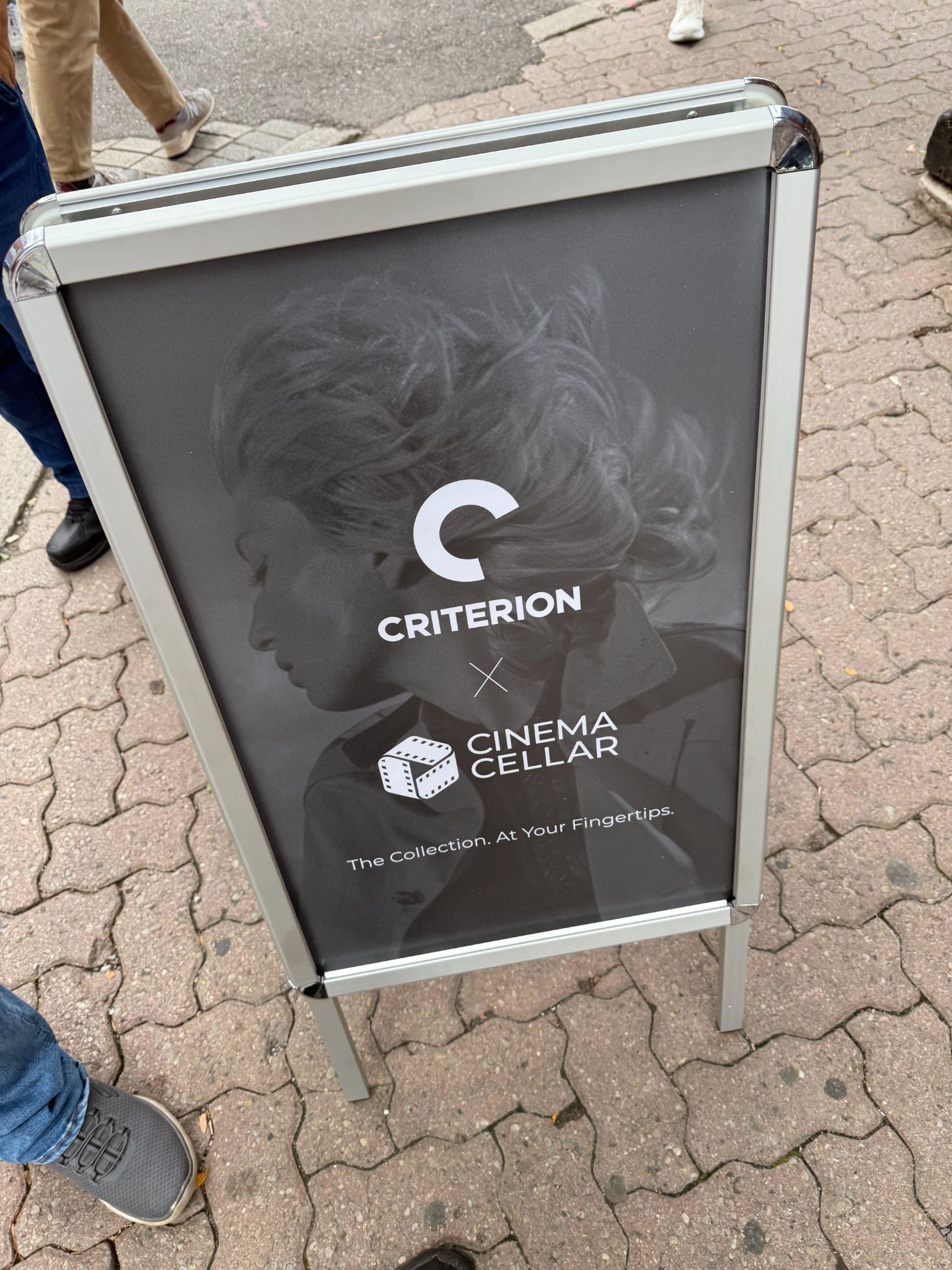 Outdoor sign promoting Criterion and Cinema Cellar film collections