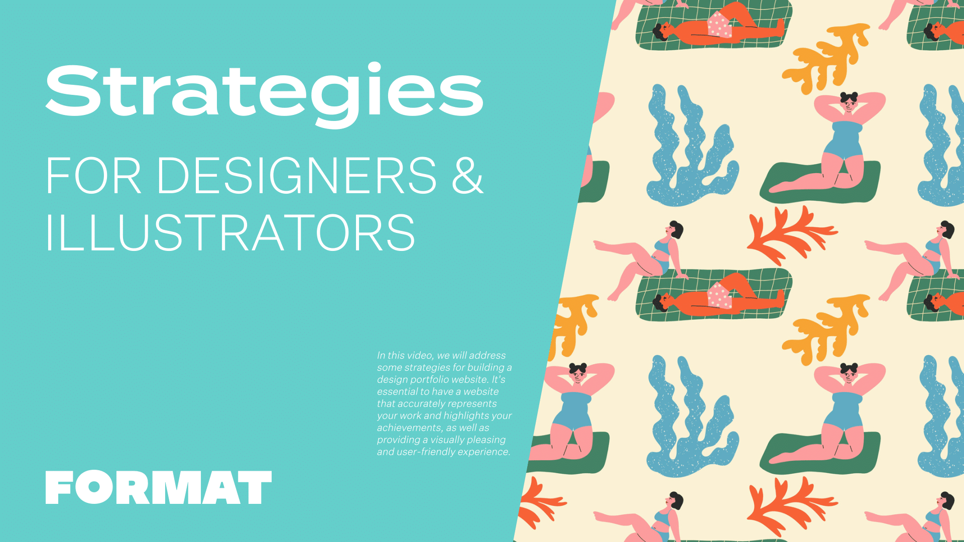 Der Text im Bild lautet "Strategies for Designers & Illustrators" und zeigt eine Illustration von Menschen am Strand