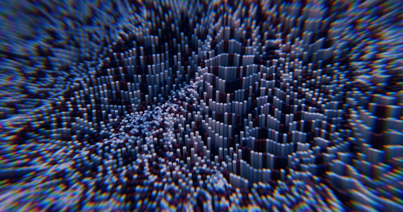 digital image of hundreds of rods of varying heights in shades of blue, maroon, and pale gray
