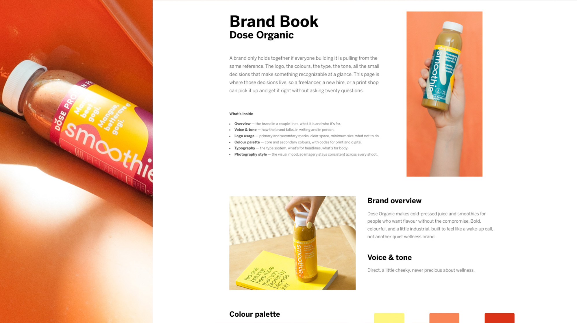 Dose Organic smoothie bottle with bright, colourful packaging featured in the brand book