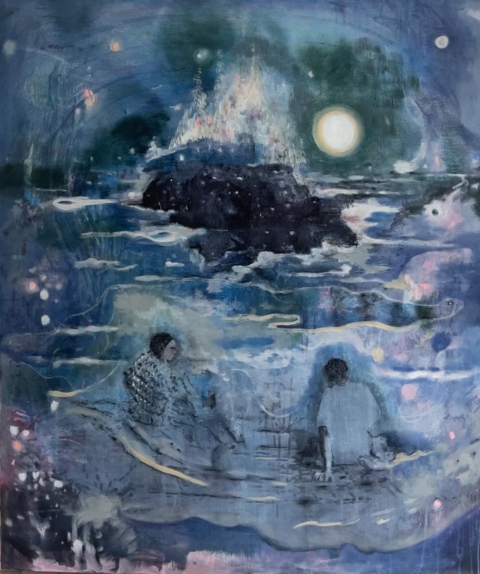 Surreal blue seascape with a glowing moon, dark island, and two figures in a boat