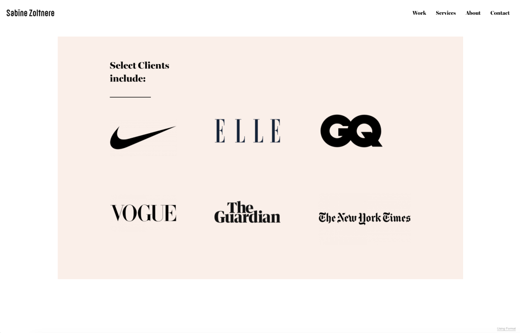A webpage section titled Select Clients include displays black logos for Nike, Elle, GQ, Vogue, The Guardian, and The New York Times on a light beige background.