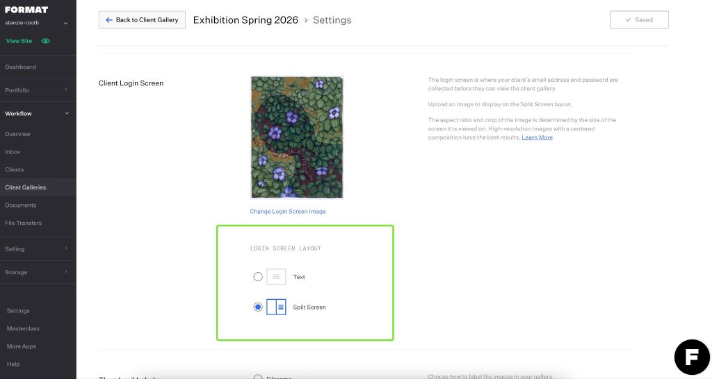 Client gallery settings page with login screen layout options