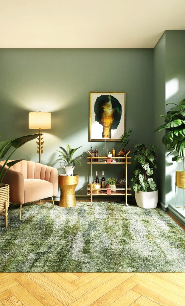 murs et tapis verts avec sol en bois à chevrons et meubles neutres