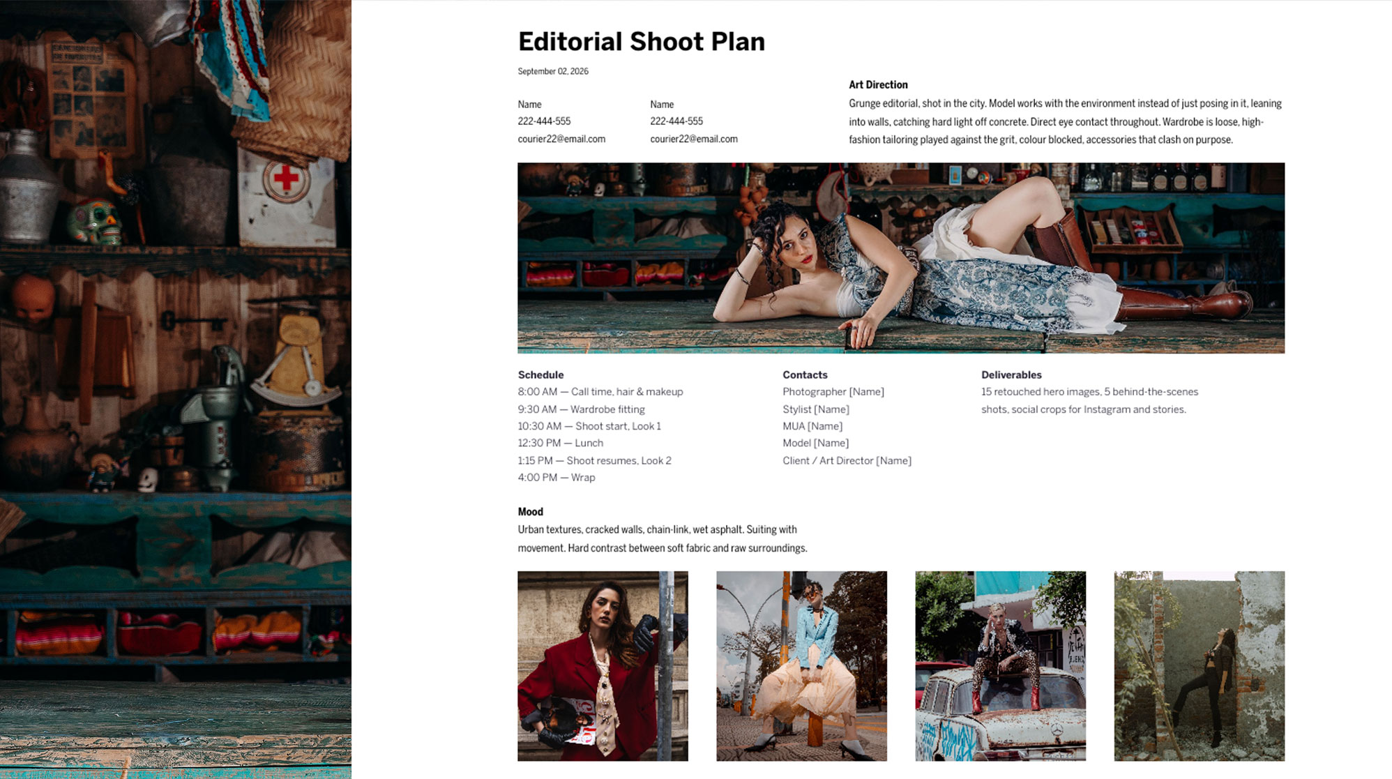Editorial shoot plan featuring grunge fashion photography, schedule, art direction, and mood board.
