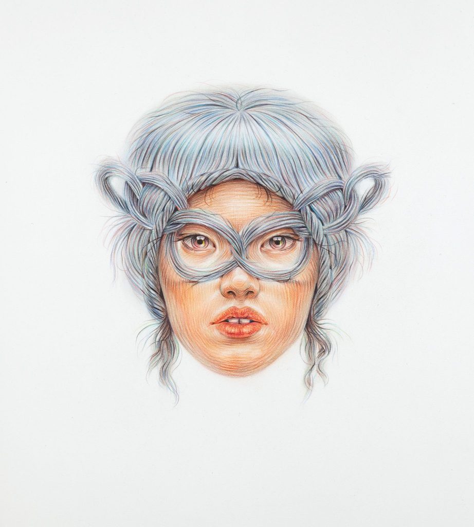 A colored pencil drawing of a person with light blue hair intricately braided and styled to form a mask-like infinity symbol around their eyes on a plain white background.