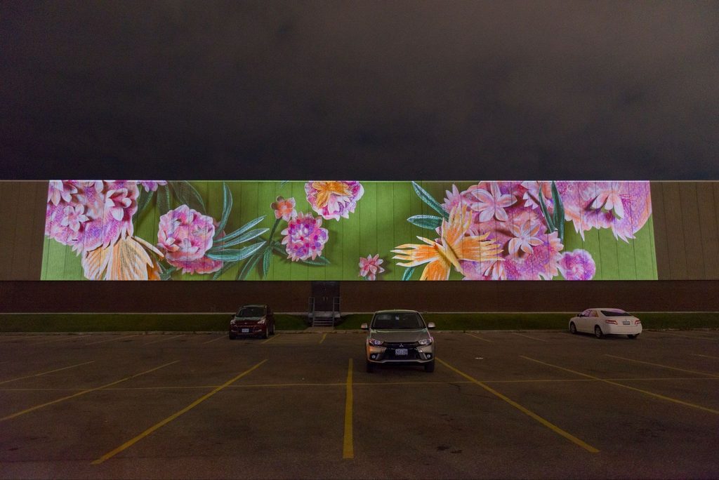 At night, a large, vibrant floral mural featuring pink and orange flowers on a green background is projected onto the upper facade of a long building overlooking a sparsely occupied parking lot.