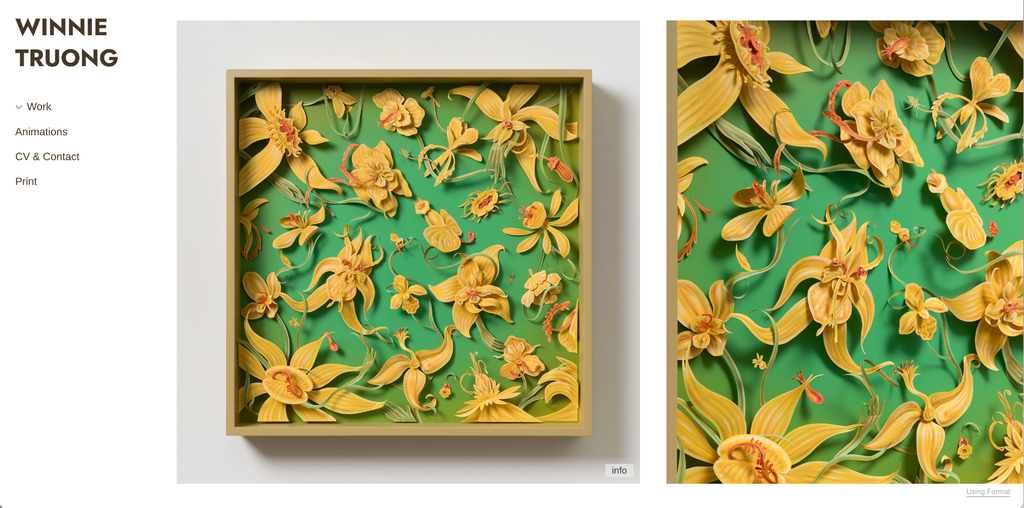 A website screenshot displays a three-dimensional paper cut artwork by Winnie Truong featuring intricate, layered yellow orchids and green vines set inside a shadow box against a green background, with a close-up detail of the artwork shown on the right.