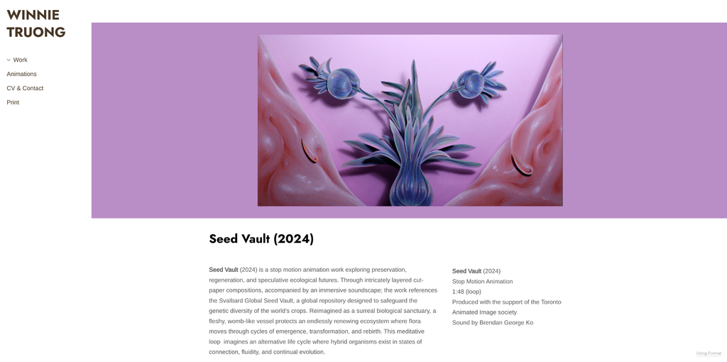 A screenshot of an artist website featuring a surreal stop-motion animation still of a blue and purple plant-like sculpture flanked by pink, fleshy, womb-like structures on a lavender background, with descriptive text below.