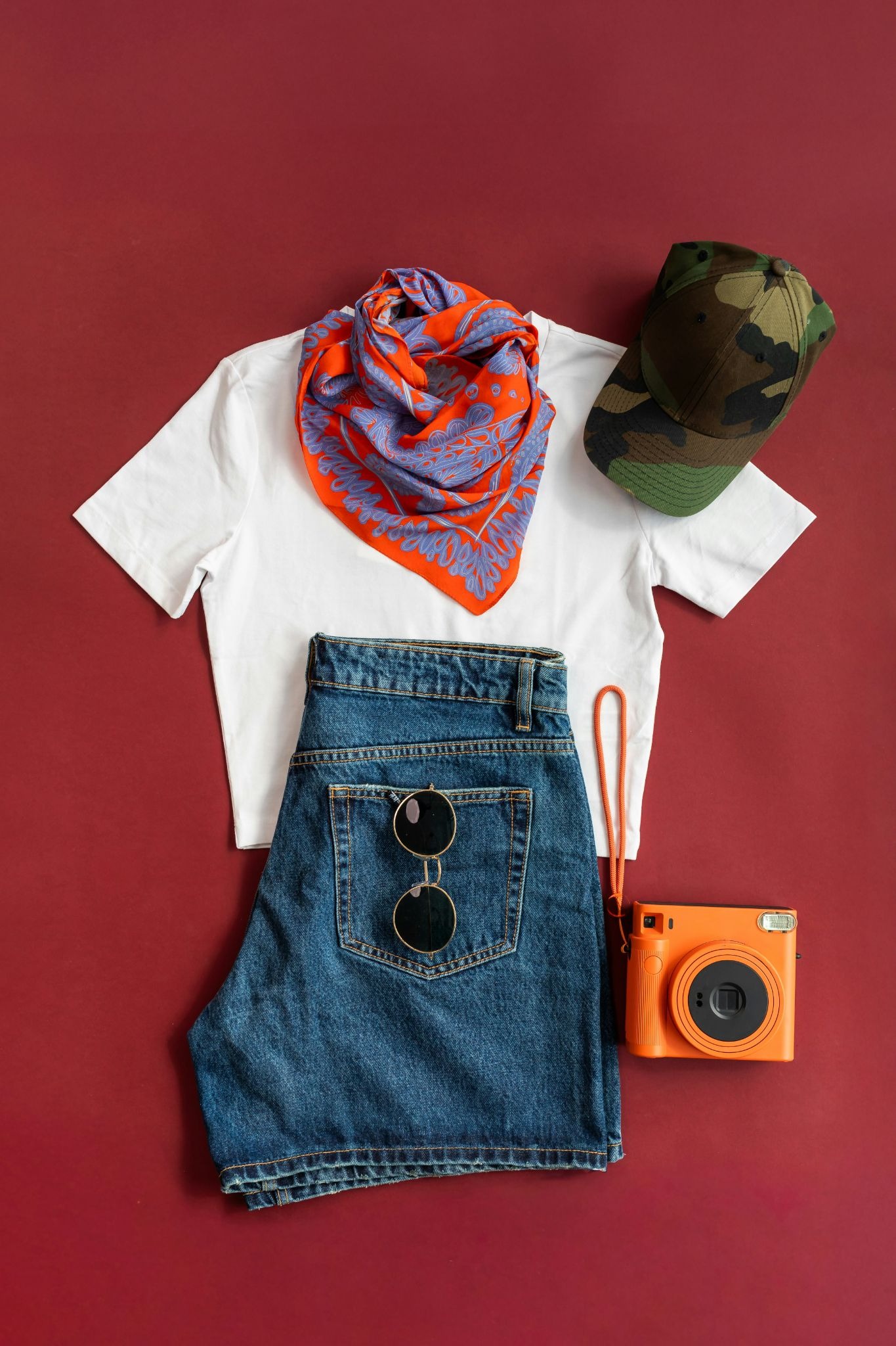 A flat lay of casual summer clothing and accessories on a dark red background features a white t-shirt, blue denim shorts with round sunglasses in the back pocket, an orange and purple patterned scarf, a camouflage baseball cap, and an orange instant camera.