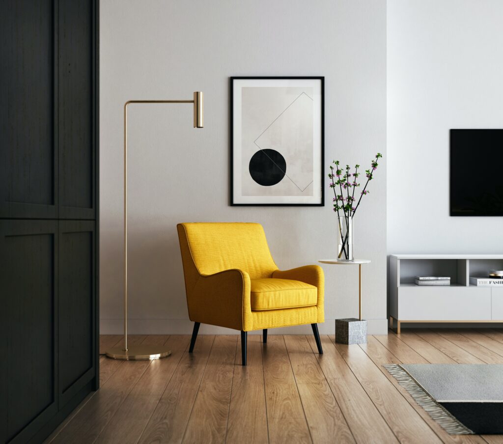 modern minimalist living space with yellow chair