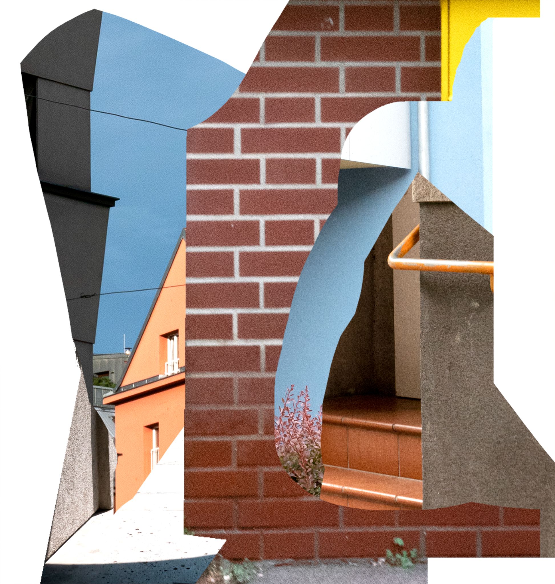 Architectural collage featuring brick walls, blue rooflines, terracotta tiles, and modern home details