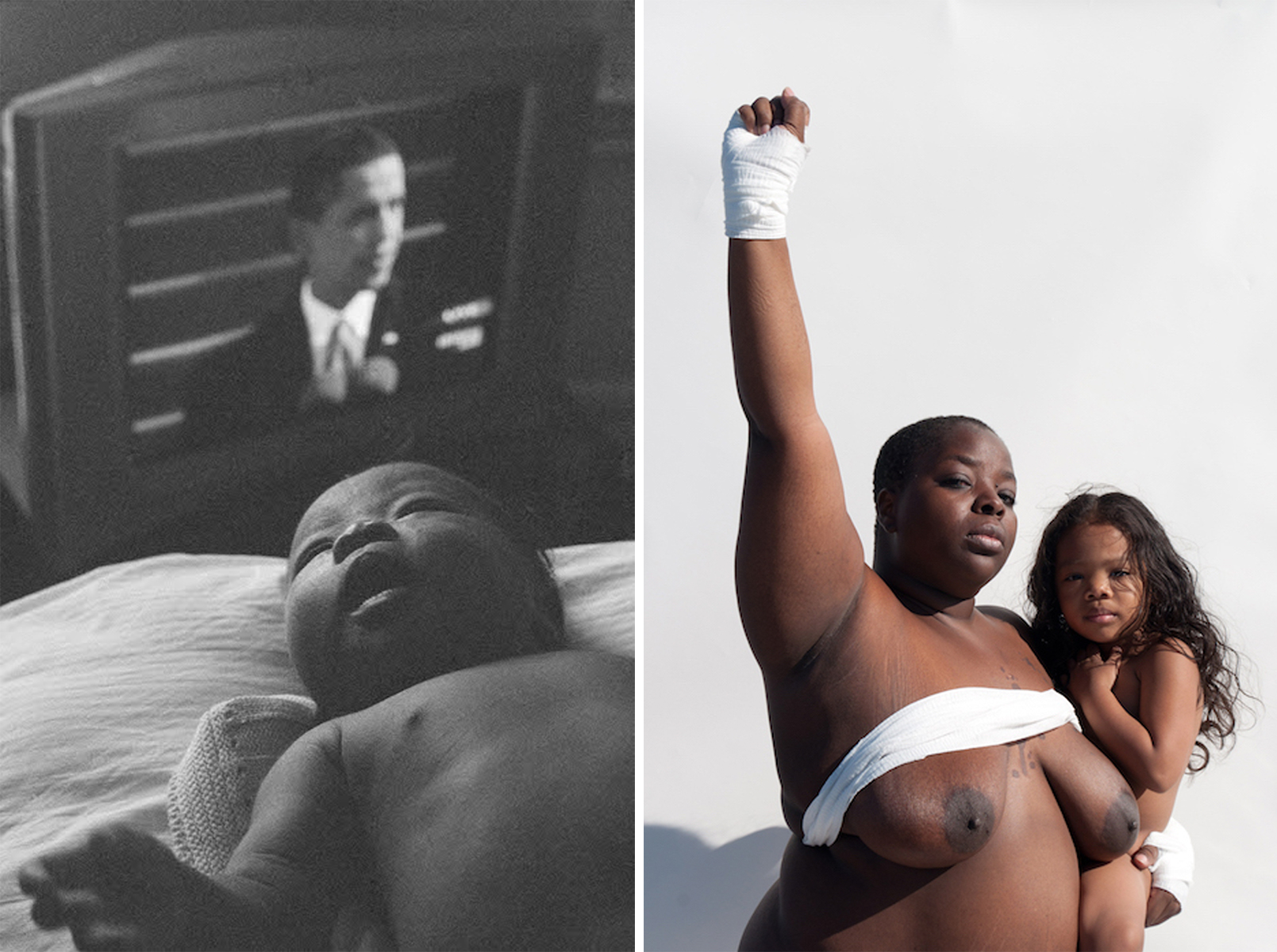 Black and white and color composite of a mother and child with raised fist