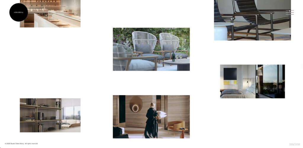 A imagem é uma colagem de cenas de design de interiores, com um balcão de restaurante moderno, móveis de jardim com vinho, cadeiras de couro elegantes, uma estante de livros, uma mulher carregando almofadas em um quarto luxuoso e um quarto contemporâneo com uma grande janela. A estética geral é minimalista e sofisticada.