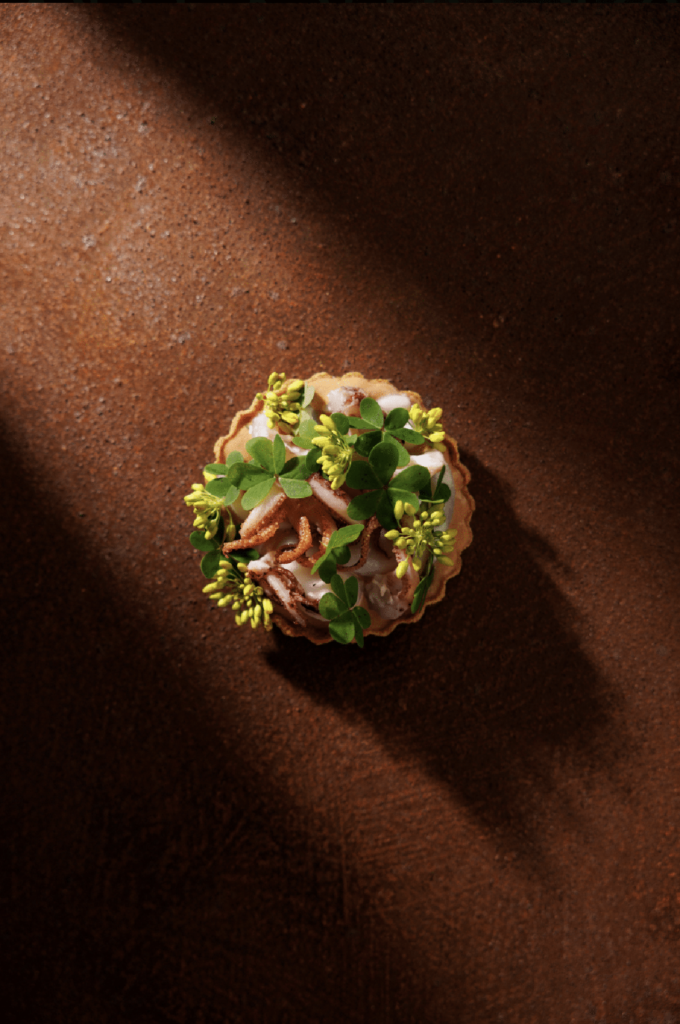photo of small tart topped with flowers and sorrel by AndreaDiLorenzo