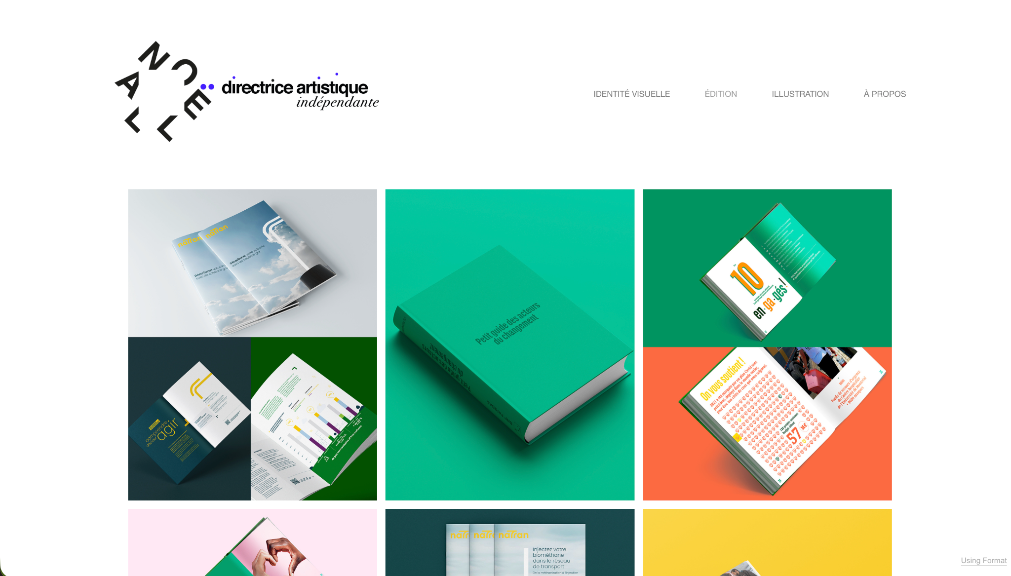 Portfolio d’une directrice artistique indépendante présentant des projets de design éditorial et d’identité visuelle.