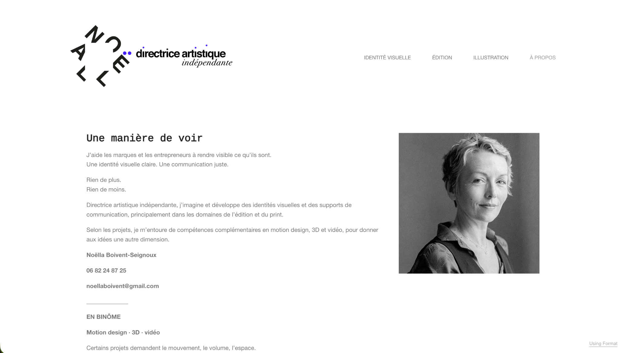 Portrait en noir et blanc de Noëlla Boivent-Seignoux, directrice artistique indépendante