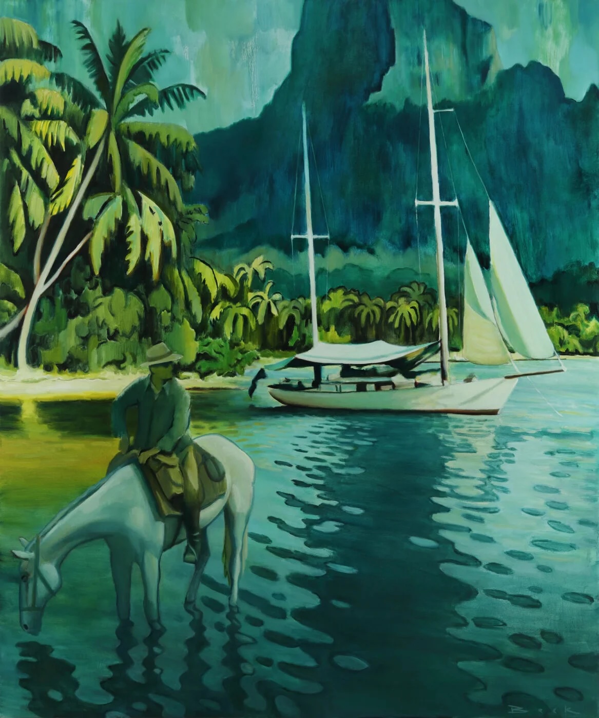Painting of sailboats on a tropical lagoon as a rider sits on a horse in the water.