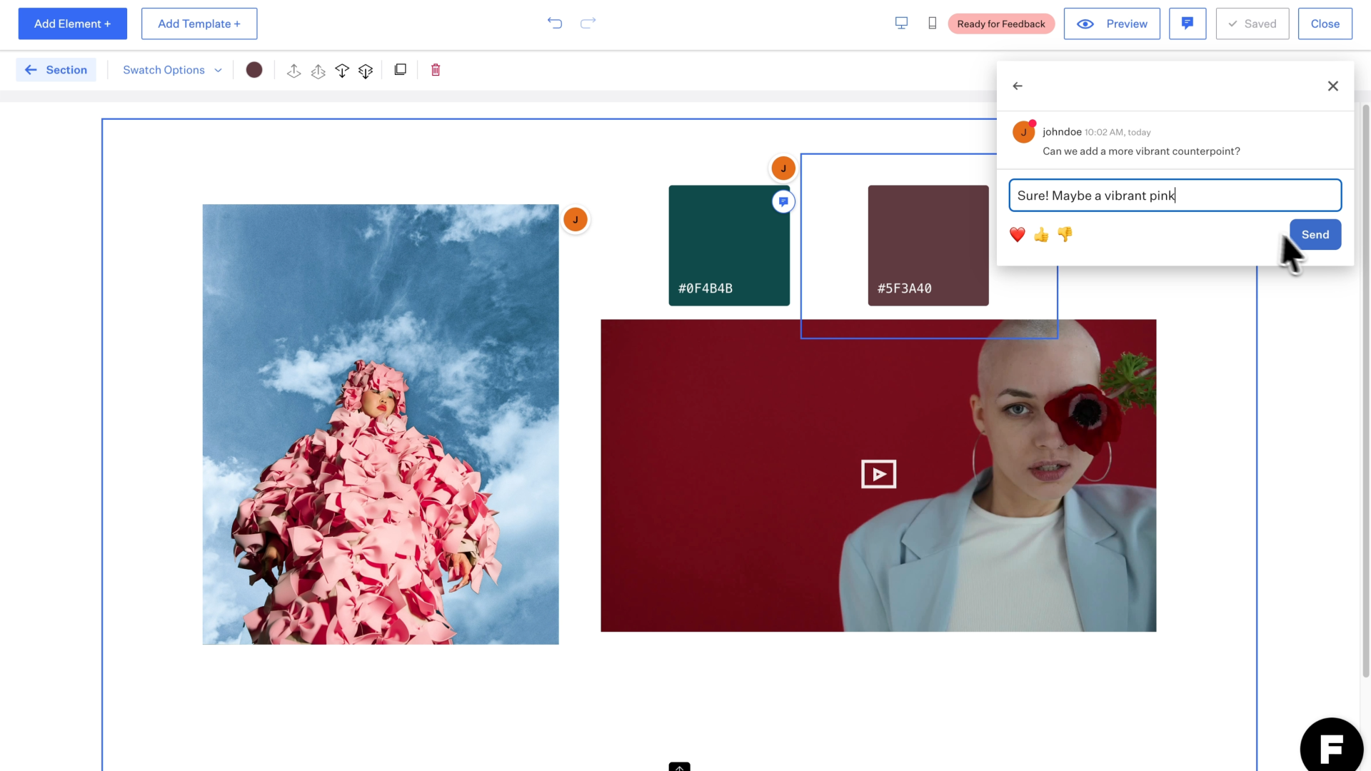 Design editor showing fashion photos, color swatches, and a feedback comment suggesting vibrant pink.